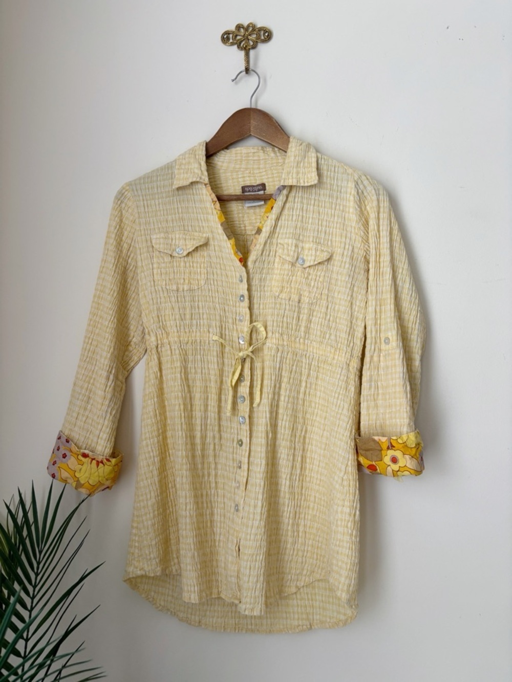 Spartina Yellow Seersucker Button Up Tunic Top Large Coastal Grandma
